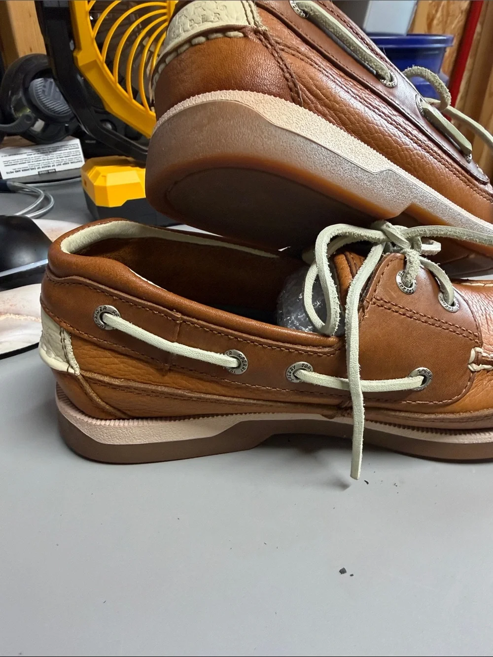 Sperry Cognac Brown Leather Boat Shoes with Cream Laces